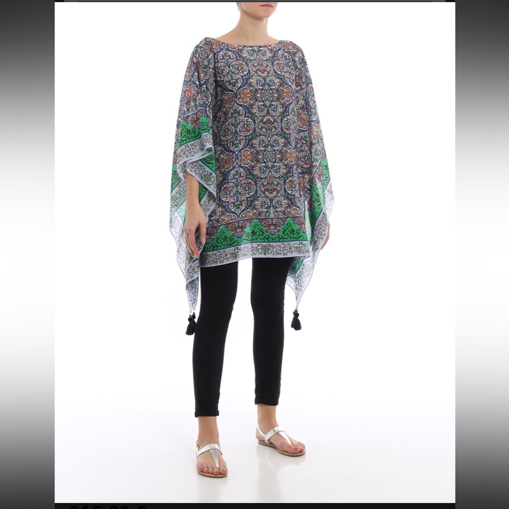 New Tory Burch Grand Voyage Classic Silk Caftan Coverup Floral Green Tassels L - Picture 6 of 10
